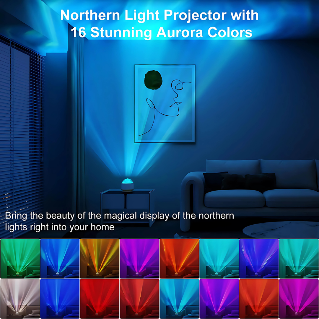 Living room with a Northern Light Projector casting colorful projections on the wall.