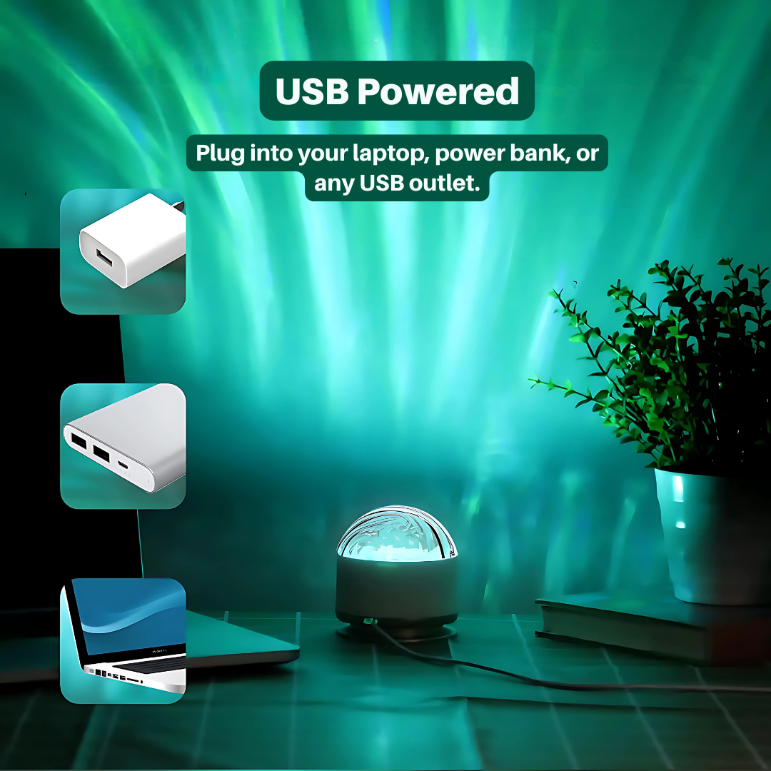 USB-powered light device on a desk with green glowing effect