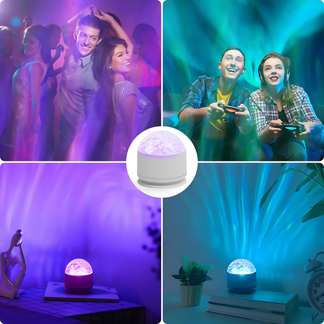 Collage of people enjoying music and gaming with a central focus on a colorful light projector.