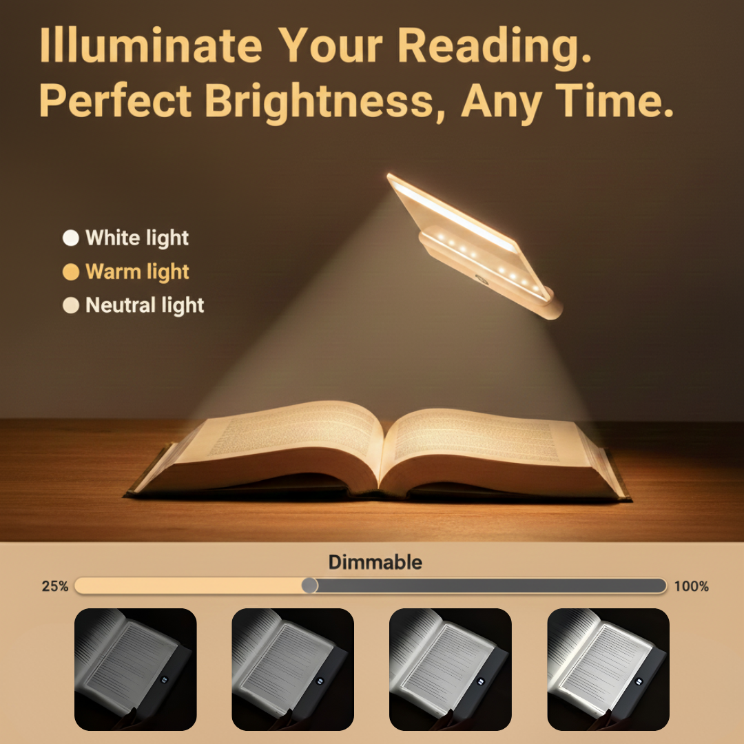 Lighting device illuminating an open book with options for white, warm, and neutral light.