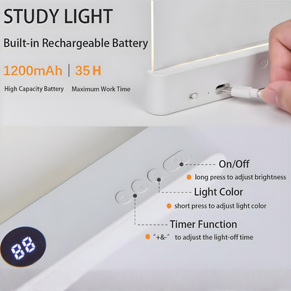Lighting device with rechargeable battery and control buttons on a white background