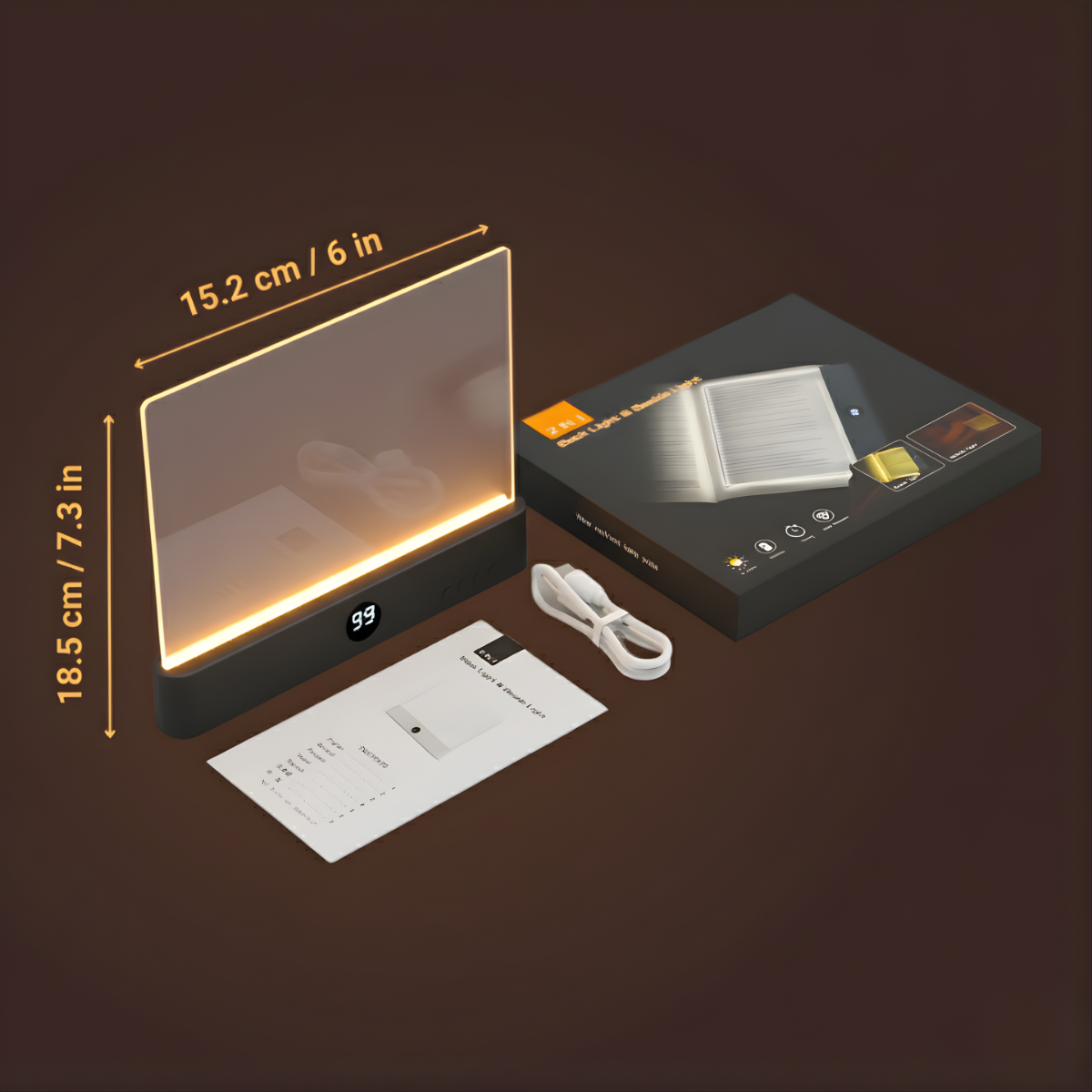 Book Light Packaging with dimensions displayed on a dark background