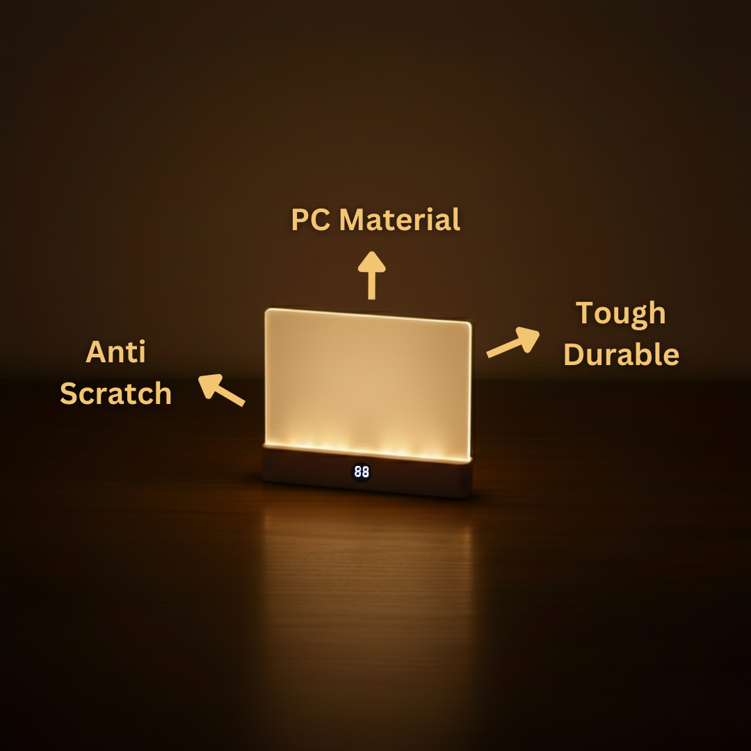 Lighted device with text highlighting PC material, anti-scratch, and durability on a dark background