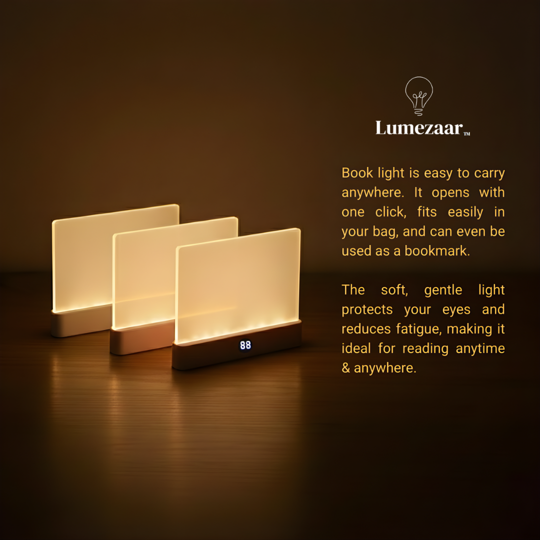 Lumezaar book light on a dark surface with text about its features.