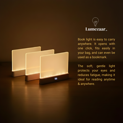 Lumezaar book light on a dark surface with text about its features.