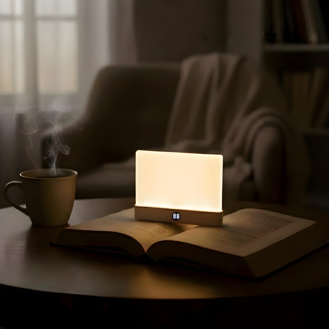 Lamp on an open book with a steaming mug in a cozy room setting