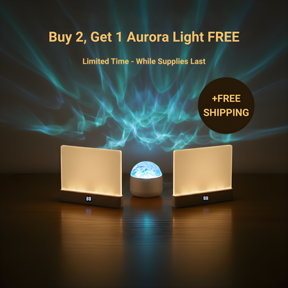 Three light fixtures with a glowing effect on a dark background, promotional text overlay.