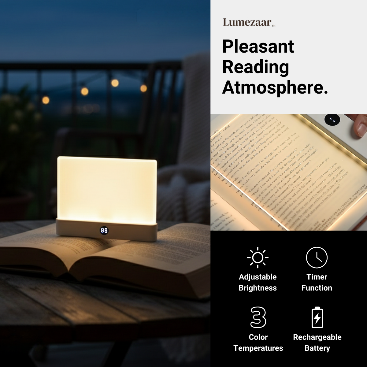 Lumezaar lamp on an open book with a person reading, set against a night sky.
